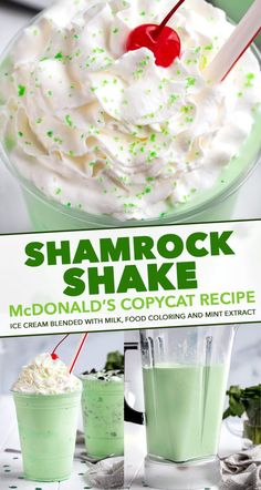 an advertisement for shamrock shake with two drinks