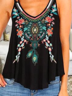 Loosen Boho Knit Tank Patterned Stretch Sleeveless Top, Patterned Sleeveless Stretch Top, Stretch Sleeveless Patterned Top, Sleeveless Stretch Patterned Tops, Bohemian Stretch Top With Floral Print, Multicolor V-neck Knit Top For Summer, Bohemian Stretch V-neck Tank Top, Bohemian Stretch Tops For Vacation, Stretch Bohemian Patterned Tops