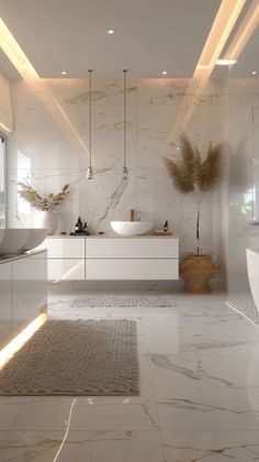 a large bathroom with marble floors and white walls, along with two sinks on either side of the bathtub