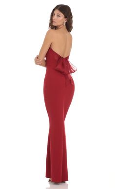 Back Bow Strapless Dress in Red | LUCY IN THE SKY Dresses For Sweet 16, French Woman Style, Princess Julia, 18th Birthday Dress, Long Hoco Dresses, Bday Dresses, Grad Dress Ideas, Military Ball Dress, Chic Dressing