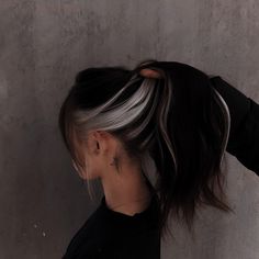 Top Black Bottom Platinum Hair, Dark Hair Color Balayage Ideas, Peekaboo With Black Hair, Black Hair With Silver Peekaboo, Black Hair Grey Underneath, Black And Silver Peekaboo Hair, Peekaboo Grey Hair, Dark Hair With White Underneath, Dark Hair With Underneath Highlights