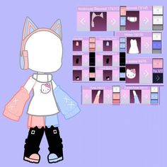 an animated cat with many different clothes and accessories on it's chest, standing in front of a purple background