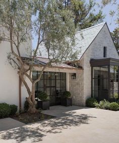 a white house with a tree in front of it and some plants on the outside