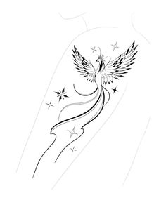 a black and white drawing of a bird with stars on it's back side