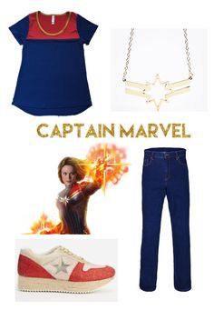 captain marvel costume with red, white and blue shoes on the bottom right hand side