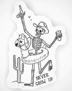 a sticker with a skeleton sitting on top of a chair next to a dog