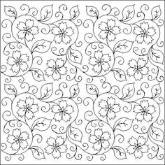 an intricately designed quilt with leaves and swirls in black on a white background