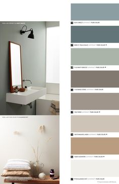 the interior of a bathroom with different shades of gray and white, including neutrals