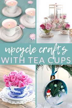 tea cups and saucers are decorated with pink roses, pine cones, and green leaves