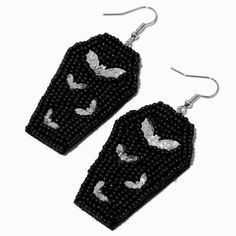 Claire's Beaded Coffin & Bats 4" Drop Earrings Beaded Horror Earrings, Gothic Beaded Halloween Jewelry, Gothic Beaded Jewelry For Halloween, Halloween Beaded Black Jewelry, Black Beaded Jewelry For Halloween, Black Beaded Dangle Earrings For Halloween, Black Dangle Beaded Earrings For Halloween, Halloween Black Beaded Jewelry, Adjustable Beaded Earrings For Halloween