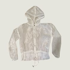 Sheer White Zipper With The Hoodie. Hooded Nylon Tops For Winter, Spring Stretch Hoodie With Zipper Closure, Hooded Nylon Top For Winter, Winter Hooded Nylon Tops, Spring Fitted Hooded Jacket With Zipper, Spring Nylon Hoodie With Double-lined Hood, Nylon Hoodie With Double-lined Hood For Spring, Fitted Spring Hooded Jacket With Adjustable Hood, Fitted Hooded Windbreaker For Spring