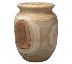 a wooden vase is shown on a white background with wood grain in the shape of a tree trunk