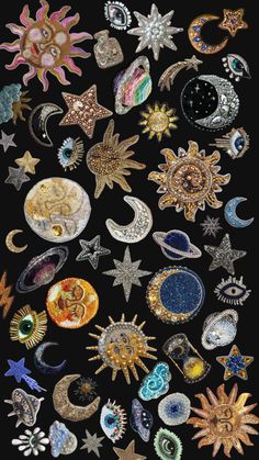 an image of many different types of stars and moon designs on a black background with text