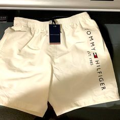 New With Tags White Pockets Swimming Tommy Hilfiger Summer Shorts With Pockets, Tommy Hilfiger Shorts With Pockets For Summer, Tommy Hilfiger White Bottoms For Spring, Tommy Hilfiger White Casual Shorts, White Cotton Tommy Hilfiger Bottoms, Sporty Tommy Hilfiger Short Bottoms, Tommy Hilfiger White Cotton Bottoms, Toddler Boy Swim Trunks, Kids Swim Trunks