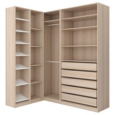 an open closet with shelves and drawers on the bottom shelf is shown in front of a white background