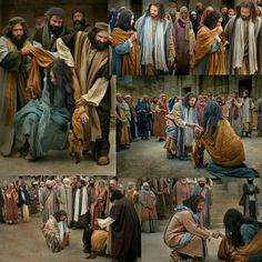 several pictures of jesus being taken from the ground and in front of an audience with other people