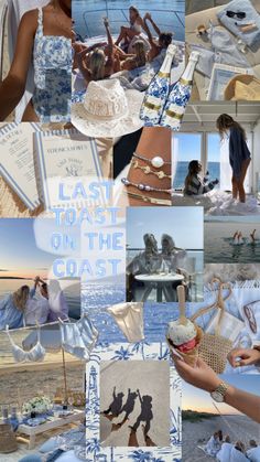 a collage of photos with people on the beach in blue and white clothing, hats, and other items