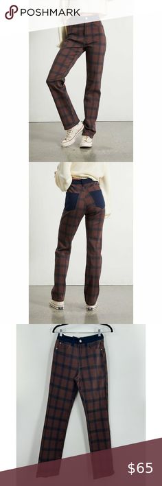 WeWoreWhat NWT Plaid Colorblock Icon Jeans in Cocoa/Navy size 25 Modern Plaid, Color Block Design, Printed Jeans, Block Design, Plaid Print, High Rise Jeans, Cotton Spandex, Color Blocking, Stretch Fabric