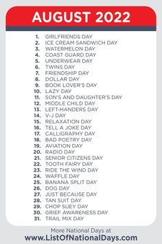 the list for national day is shown in red and white, with text that reads august 22