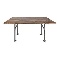 a wooden table with metal legs on a white background