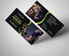 two business cards with an image of a muscular man on the front and back side