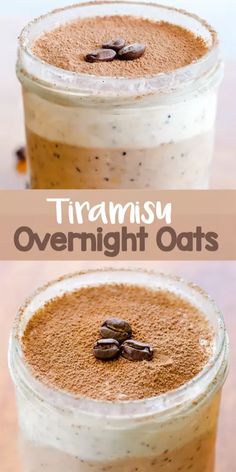 two jars filled with overnight oats and topped with coffee beans