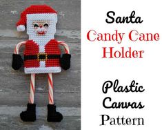 a crocheted santa candy cane holder on a wooden background with text that reads, santa candy cane holder plastic canvas pattern