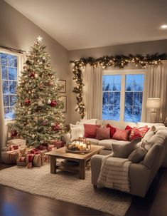 a living room with a christmas tree in the corner