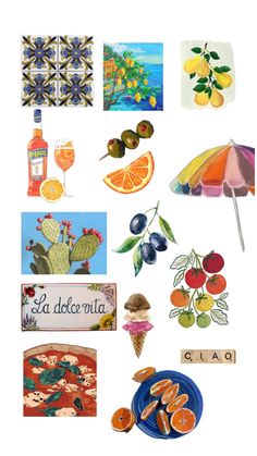 an assortment of food and drink items displayed on a white background with the words la dolce vita written in spanish