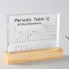 a wooden stand with a glass display on it that says periodic table of the elements