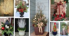 christmas decorations are displayed on the front steps and in potted plants, along with other holiday decor