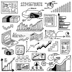 hand drawn business doodles on white paper with graphs, diagrams and other items royalty illustration