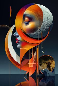 an image of a woman's face surrounded by different shapes and sizes, with the moon in the background