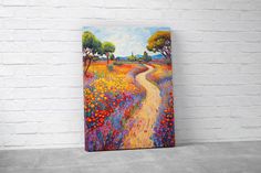 an oil painting on canvas of a flowery field with a road going through it