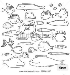 hand drawn doodle fish set in black and white