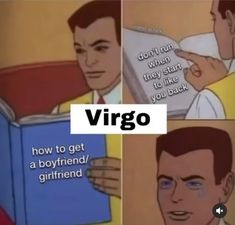 an animated image of a man reading a book with the caption virgo how to get a boyfriend / girlfriend?