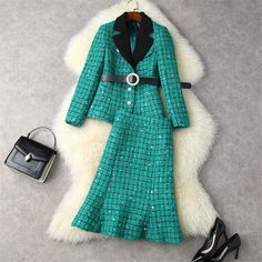 Fashion Office Lady Skirt Suit - Wnkrs Tweed Skirt Suit, Sequin Suit, Party Wear For Women, Women Silhouette, Womens Skirt Suits, Woolen Dresses, Suit Pattern, Fashion Office, Winter Pattern