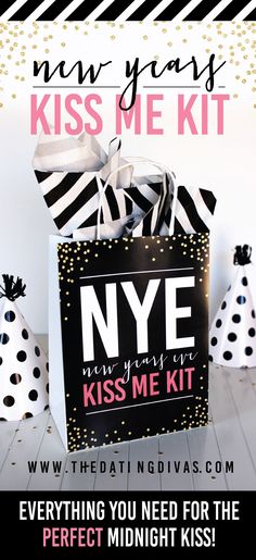 a new year's kiss me kit with black and white polka dots on it