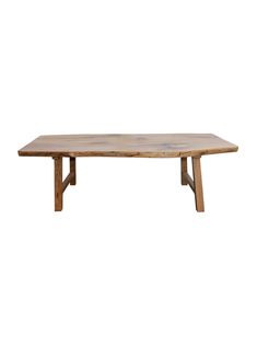 a wooden table with two legs and a long slab on the top, against a white background