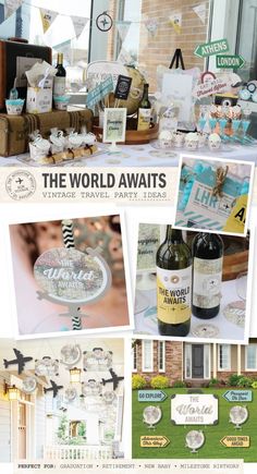 a collage of photos with wine bottles and decorations