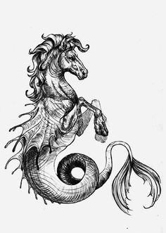 a black and white drawing of a sea horse with long manes standing on its hind legs