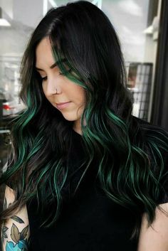 Green Highlights On Dark Hair, Forest Green Hair Highlights, Hunter Green Hair Color, Green Hair Dye Ideas For Brunettes, Dark Green Streaks In Hair, Emerald Green Hair Color Ideas, Ombré Green Hair, Dark Brown And Dark Green Hair, Green Hair Brunette