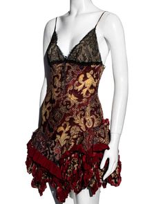 For Sale on 1stDibs - ▪ Roberto Cavalli evening slip dress ▪ Red and gold brocade-print silk ▪ Black lace overlay on the breasts with raw edges ▪ Spaghetti straps ▪ Silk ribbon Cavalli Dress, Gold Outfit, Gold Brocade, Red Mini Dress, Girly Fashion, Silk Ribbon, Roberto Cavalli, Red And Gold, Lace Overlay