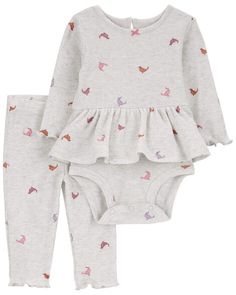 Grey Baby 2-Piece Bird Peplum Bodysuit Pant Set | carters.com Playful Long Sleeve Ruffled Sets, Stretch Cotton Sets With Ruffles, Casual Ruffled Stretch Sets, Stretch Cotton Ruffle Sets, Carters Baby Clothes, Baby Overalls, Free Jeans, Grey Baby, Old Clothes