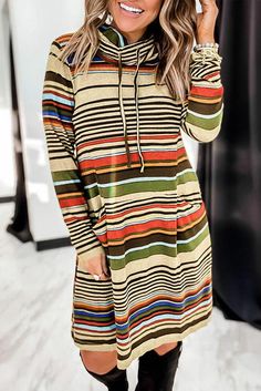 Striped Turtleneck Long Sleeve Shirt Mini Dress with Pocket Casual Beige Long Sleeve Mini Dress, Casual Long Sleeve Brown Mini Dress, Casual Long Sleeve Striped Mini Dress, Casual Multicolor Long Sleeve Dresses, Casual Multicolor Dresses For Fall, Striped V-neck Mini Dress For Fall, Multicolor Long Sleeve Mini Dress For Fall, Striped Long Sleeve Dress For Fall, Casual Striped Mini Dress For Fall