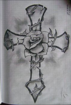 a drawing of a cross with a rose on it