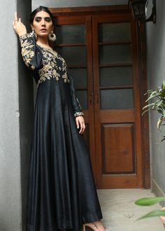 Pakistani Gowns, Colour Aesthetic, Desi Dress, Luxury Pret, Desi Clothes, Photography Pricing, Black Work, Silk Trousers, Silk Gown