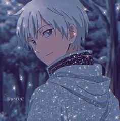 an anime character with white hair and blue eyes looking at the camera in front of trees