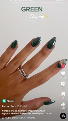 Green Glaze Nails, Dark Green Glazed Nails, Christmas Nails Chrome Green, Holographic Dip Nails, Christmas Green Chrome Nails, Green French Tip With Chrome, Chrome Dark Green Nails, Green Chrome Acrylic Nails, Plain Chrome Nails