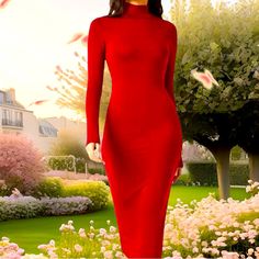 Beautiful And Very Stretching Long Maxi Dress With Long Sleeves. Red Bodycon Dress For Winter Night Out, Red Bodycon Mini Dress For Winter, Red Stretch Bodycon Dress For Winter, Red High Neck Dress For Party, Red Stretch Bodycon Winter Dress, Chic Red Long Sleeve Bodycon Dress, Red High Neck Party Dress, Red Long Sleeve Midi Dress For Night Out, Long Sleeve Red Bodycon Dress For Date Night